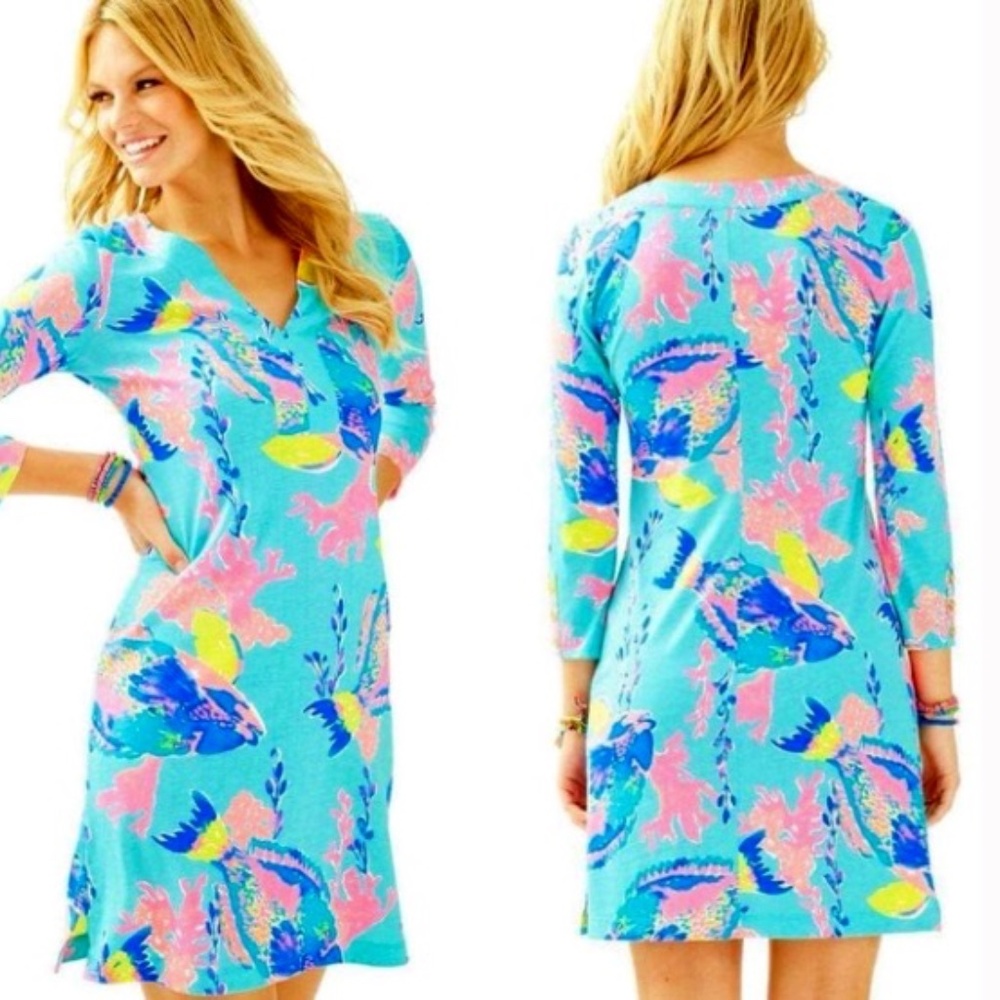 Lilly Pulitzer Riva Shorely Blue Sandstorm V-Neck Dress Size Small‎